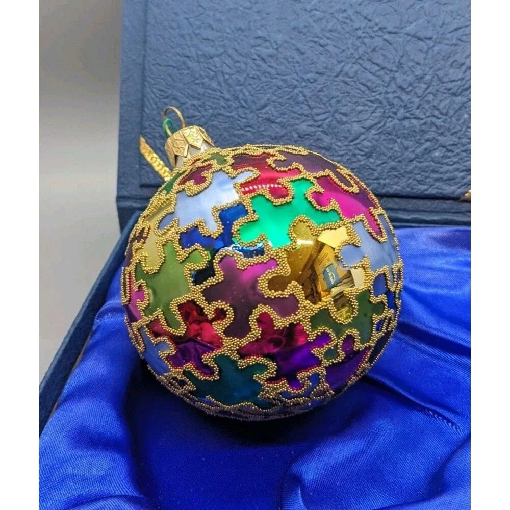Crate & Barrel Multicolor Glass Puzzle Piece Christmas Ornament Autism Awareness